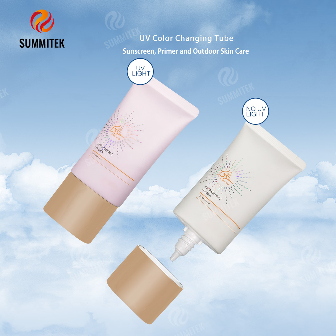 帶有長噴嘴的 UV 變色化妝品管，用於防曬霜和防曬護理