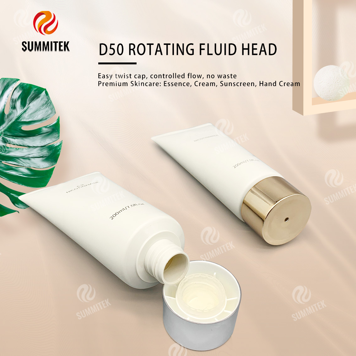 D50 旋轉分配管，附電鍍金或銀蓋，適用於優質護膚品