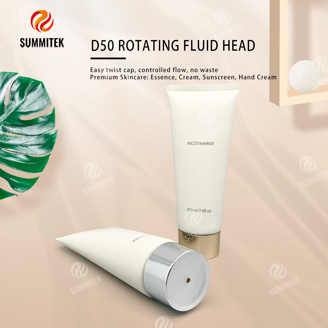 D50 旋轉分配管，附電鍍金或銀蓋，適用於優質護膚品