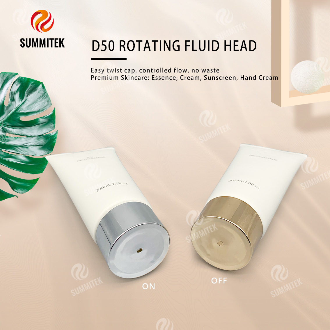 D50 旋轉分配管，附電鍍金或銀蓋，適用於優質護膚品